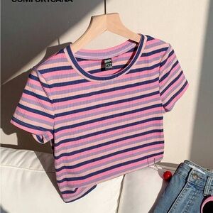 SHEIN Pink & Navy Striped Ribbed Crop Tee